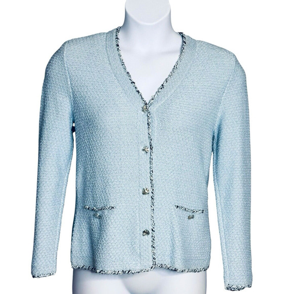 Vintage Dunollie Looms Elegant Blue Cardigan Silver Buttons Granny Sz Medium - Picture 2 of 7